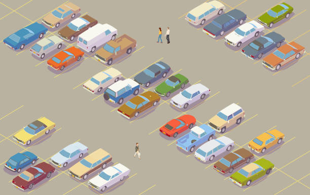 32 retro cars are seen in a colorful isometric parking lot. Generic vehicles evoke colors and styling of cars and trucks commonly seen in the late 1970s in North America, while a few people can be seen walking across the pavement.